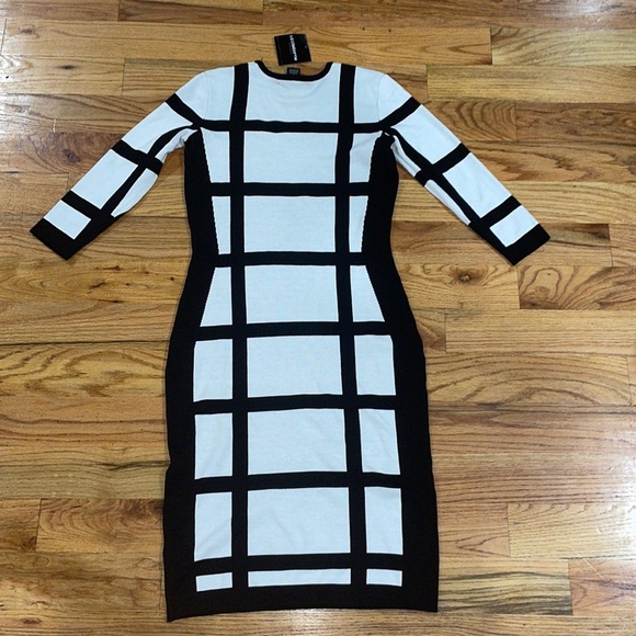 NEW Liz Claiborne Black w White 3/4 Sleeve Windowpane Sheath Sweater Dress S - Picture 1 of 12